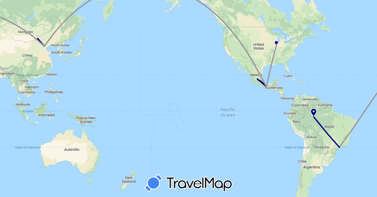 TravelMap itinerary: driving, plane in Brazil, China, Mexico, United States (Asia, North America, South America)